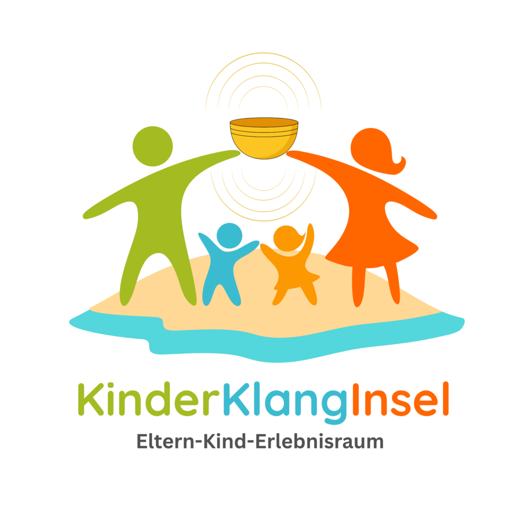 KinderKlangInsel – Eltern-Kind-Erlebnisraum Logo Logo mit zwei erwachsenen Strichmännchen (grün und orange), die gemeinsam eine Klangschale halten. Unter ihnen stehen zwei Kinder-Strichmännchen (blau und orange) geschützt unter der Klangschale. Alle Figuren stehen auf einer kleinen Insel mit Wasserumrandung auf weißem Hintergrund. Klangschwingungen gehen von der Schale aus.