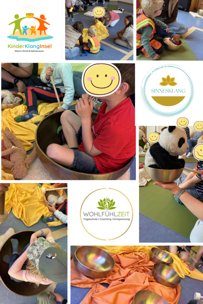 KinderKlangInsel – Klang erleben mit Kindern in achtsamer Atmosphäre Bildcollage mit Kindern und Teddybären, die in und mit Klangschalen spielen. Kinder sitzen in großen Klangschalen oder halten kleine Klangschalen auf den Händen. Teddybären befinden sich ebenfalls in Klangschalen. Die Szene zeigt spielerische Klangexperimente. Im Hintergrund liegt ein oranger Brief mit Logos der KinderKlangInsel, Sinnesklang und Wohlfühlklang.