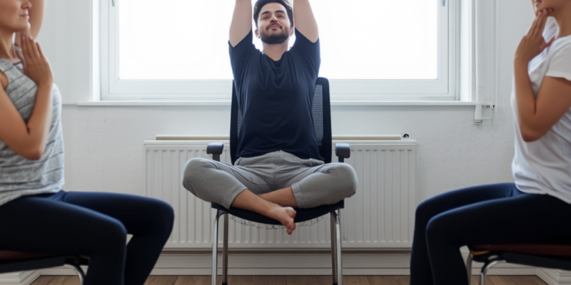 Businessyoga -im Betrieblichen GEsundheitsmanagement Drei Personen sitzen in einem ruhigen Raum und führen gemeinsam eine Yoga-Übung mit erhobenen Armen aus. Die Person im Vordergrund sitzt im Schneidersitz, die beiden anderen Personen sitzen mit aufgestellten Füßen am Boden.