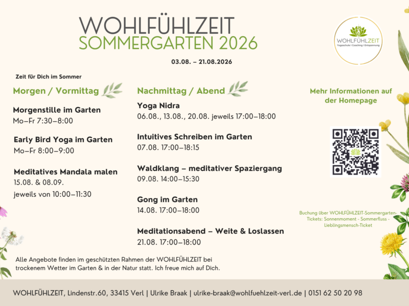 Übersicht des Wohlfühlzeit Sommergartens 2026 mit verschiedenen Einzelveranstaltungen wie Morgenstille im Garten, Early Bird Yoga, Yoga im Garten, meditative Mandalas malen, Yoga Nidra, intuitives Schreiben, Waldklang, meditativer Spaziergang, Gong im Garten und Meditationsabend. Gestaltung in warmen Cremetönen mit Sommerblumen, QR-Code, Logo und Kontaktdaten.