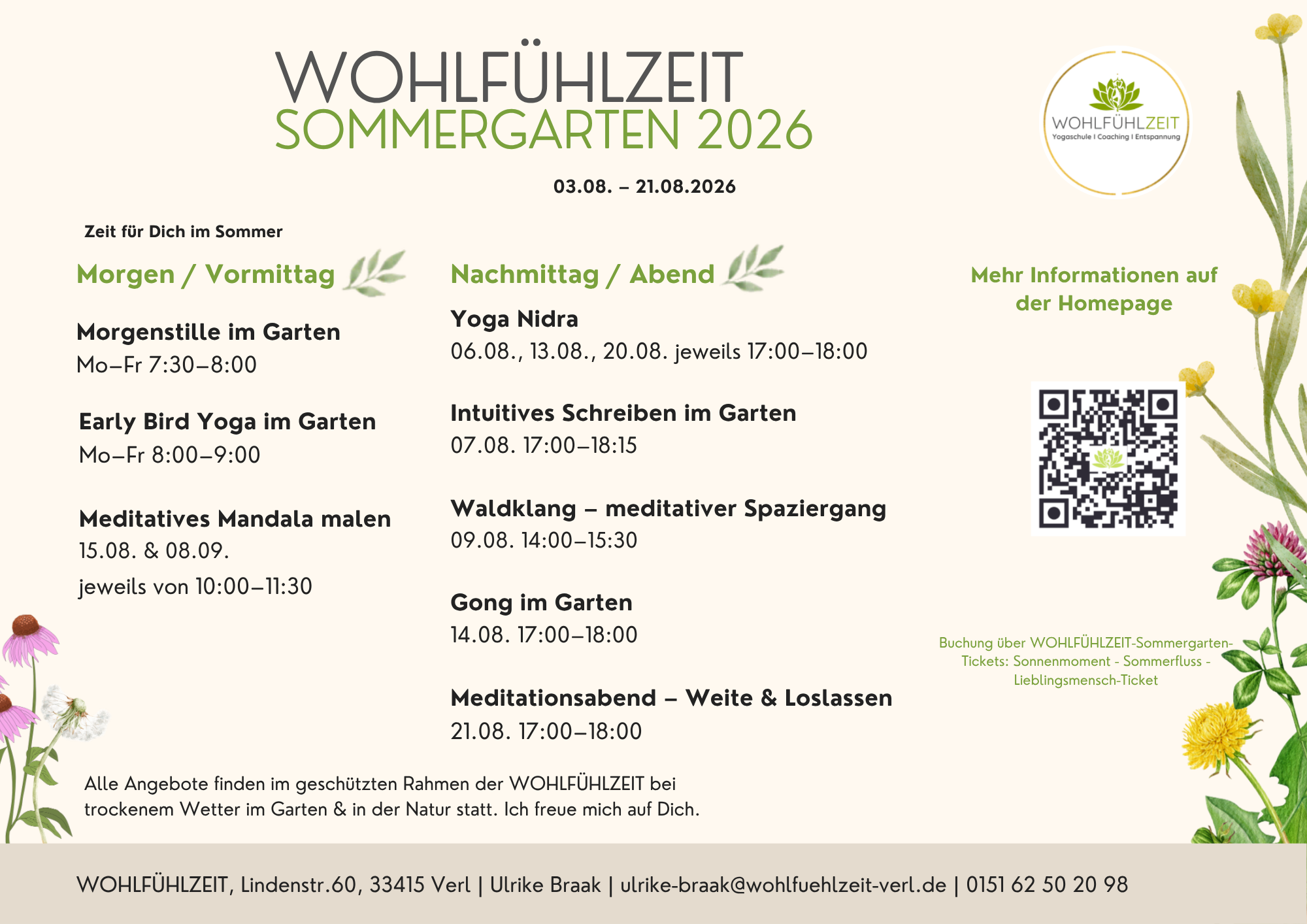 Übersicht des Wohlfühlzeit Sommergartens 2026 mit verschiedenen Einzelveranstaltungen wie Morgenstille im Garten, Early Bird Yoga, Yoga im Garten, meditative Mandalas malen, Yoga Nidra, intuitives Schreiben, Waldklang, meditativer Spaziergang, Gong im Garten und Meditationsabend. Gestaltung in warmen Cremetönen mit Sommerblumen, QR-Code, Logo und Kontaktdaten.