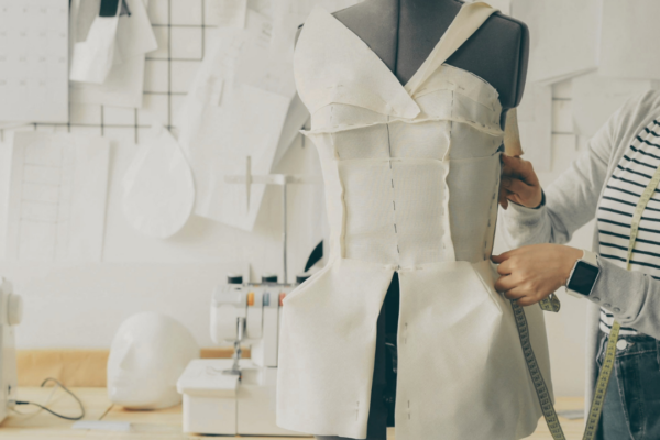 Mein Weg – Ursprung und Entwicklung im Handwerk Atelier mit Kleiderbüste, Stoffen, Schnittmustern und arbeitenden Händen als Symbol für kreativen beruflichen Ursprung und handwerkliche Entwicklung.