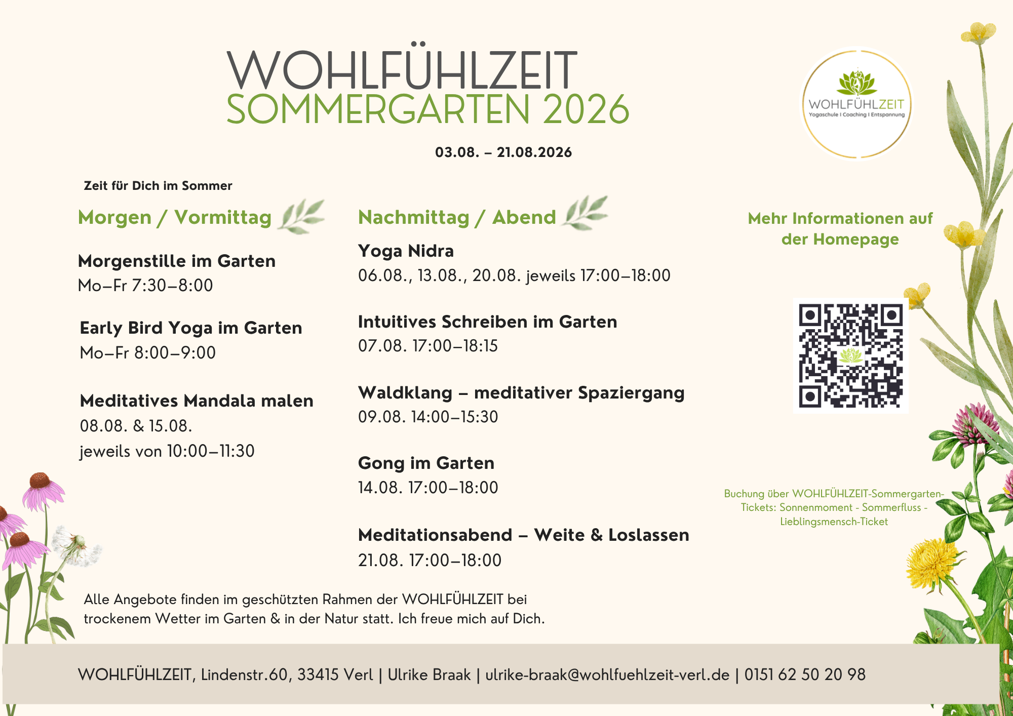 Sommergarten-Übersicht von Wohlfühlzeit mit den Terminen im August. Seitlich schmücken Blumen das Bild, in der Mitte sind alle Veranstaltungen übersichtlich aufgelistet.
